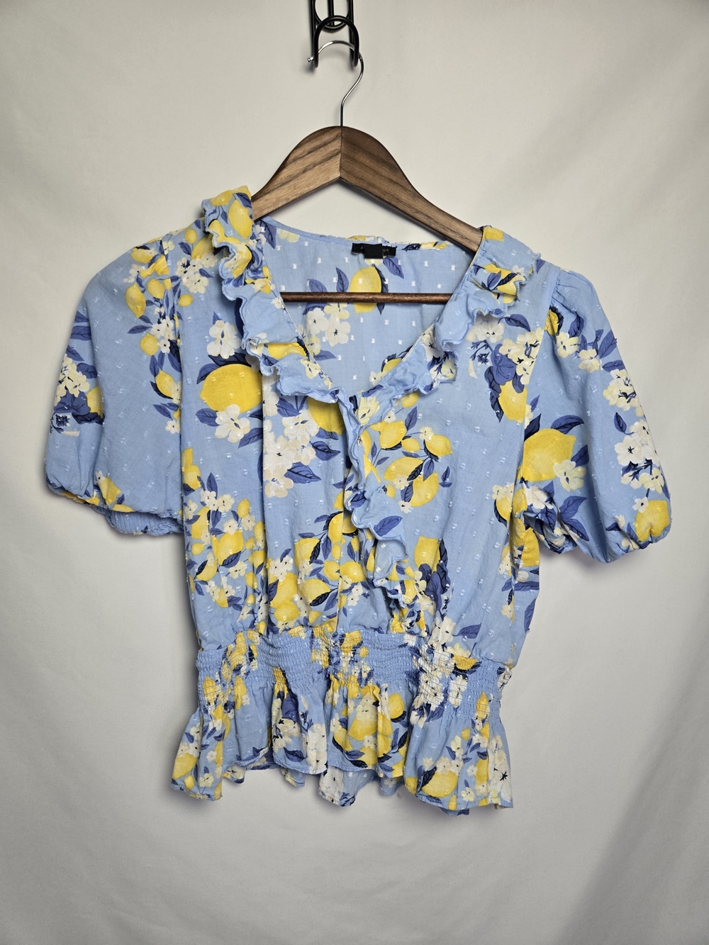 Ann Taylor Light Blue Lemon‑Print Ruffle Peplum Blouse – Size S